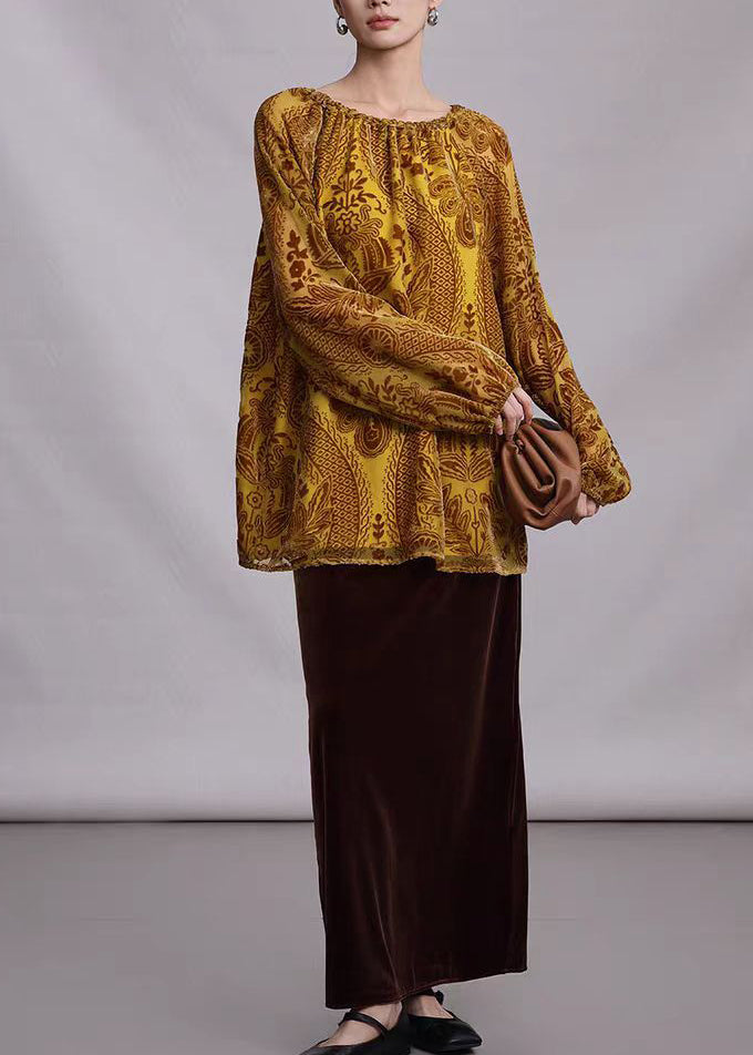 Unique Yellow Drawstring Jacquard Silk Velour Top Spring