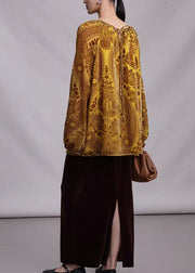 Unique Yellow Drawstring Jacquard Silk Velour Top Spring