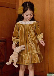 Unique Yellow Embroideried Silk Velour Girls Mid Dress Flare Sleeve