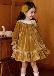 Unique Yellow Embroideried Silk Velour Girls Mid Dress Flare Sleeve