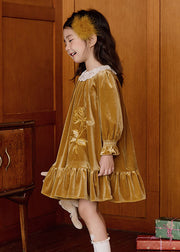 Unique Yellow Embroideried Silk Velour Girls Mid Dress Flare Sleeve