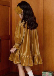 Unique Yellow Embroideried Silk Velour Girls Mid Dress Flare Sleeve