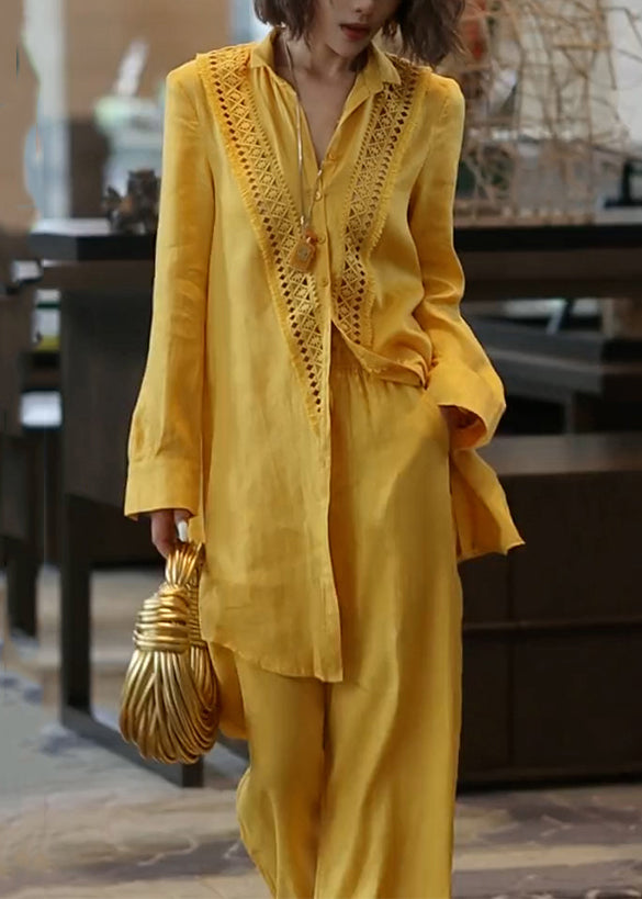 Unique Yellow Hollow Out Linen Women Sets 2 Pieces Spring