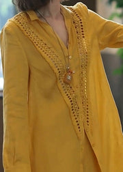 Unique Yellow Hollow Out Linen Women Sets 2 Pieces Fall