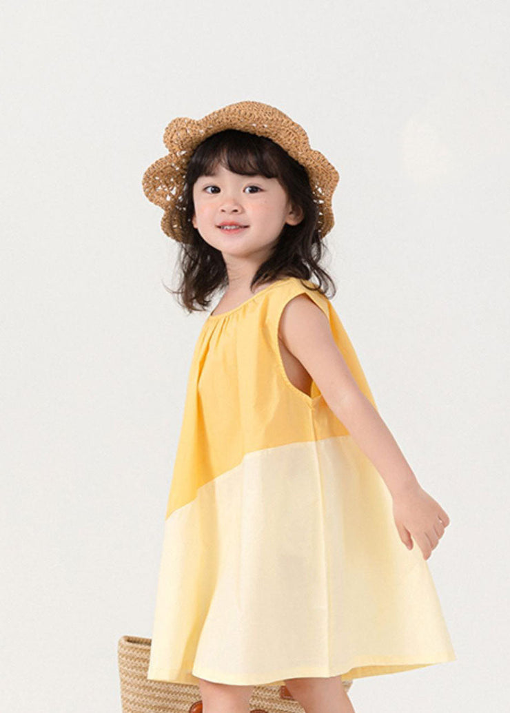 Unique Yellow O Neck Patchwork Cotton Baby Girls Dresses Sleeveless