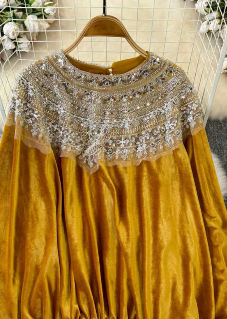 Unique Yellow O Neck Sequins Patchwork Velour Blouse Tops Spring