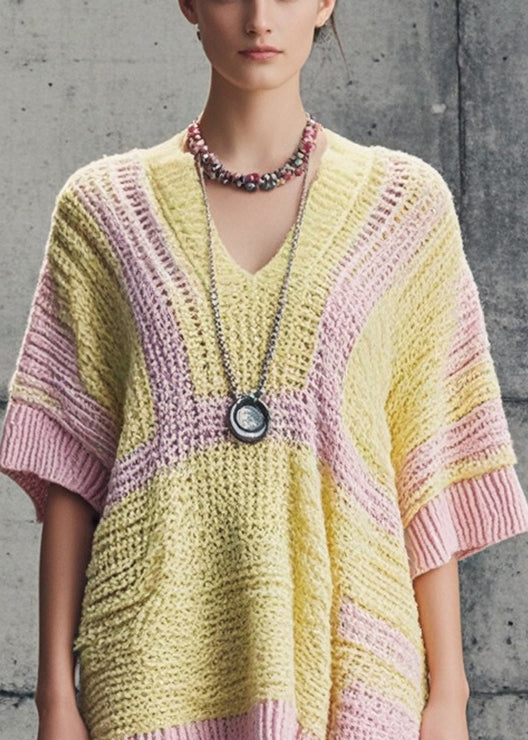 Unique Yellow Oversized Patchwork Tulle Knit Dress Short Sleeve