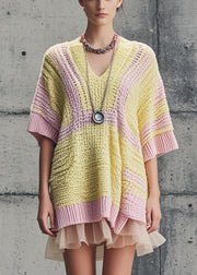 Unique Yellow Oversized Patchwork Tulle Knit Dress Short Sleeve