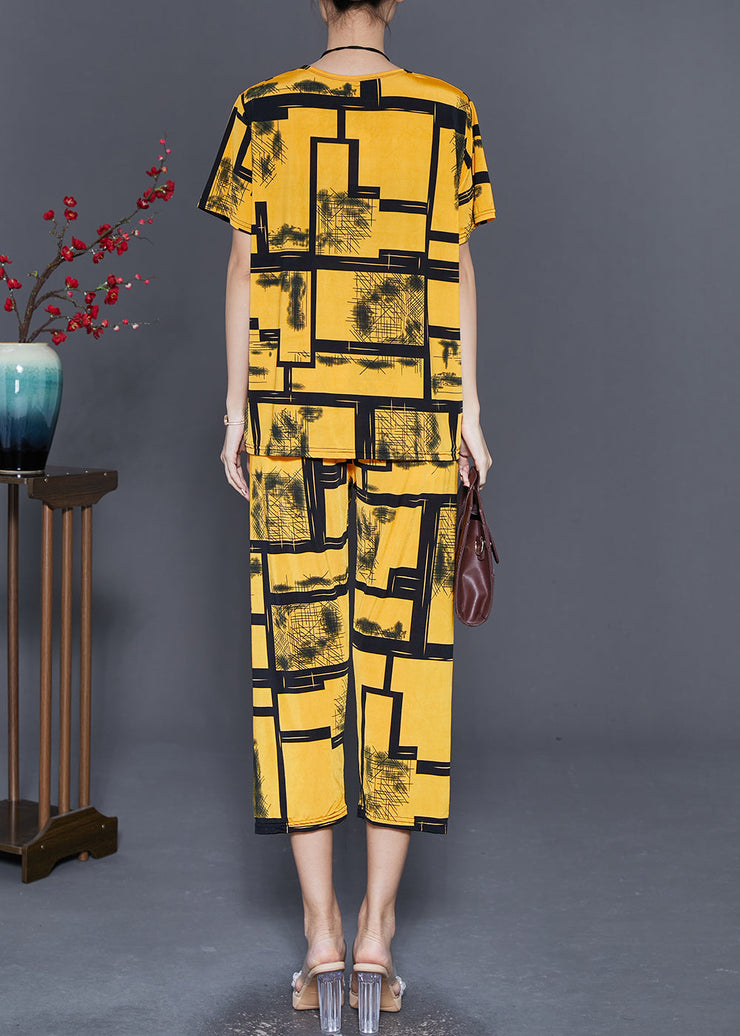 Unique Yellow Oversized Print Ice Silk Two Pieces Set Summer