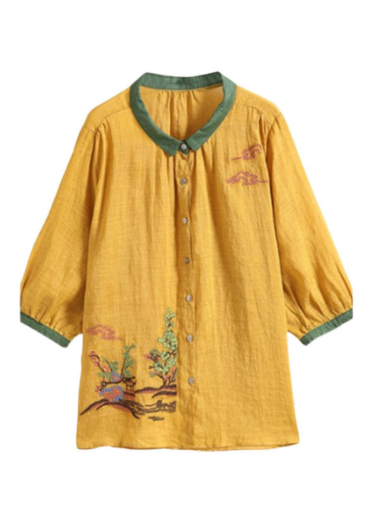 Unique Yellow Peter Pan Collar Embroiderie Floral Button Linen Top Long Sleeve