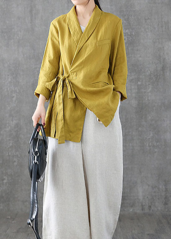 Unique Yellow Peter Pan Collar Pockets Tie Waist Patchwork Linen Coats Spring