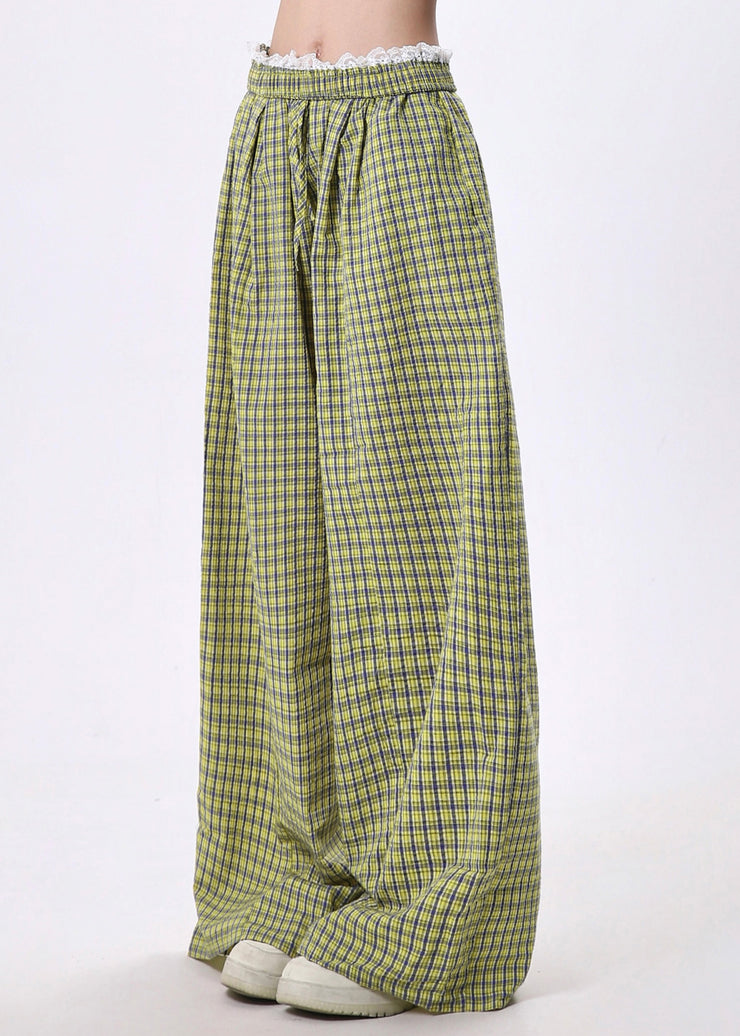 Unique Yellow Plaid Lace Patchwork Cotton Wide Leg Pants Spring