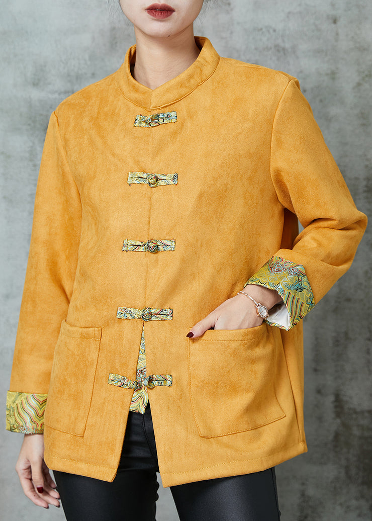 Unique Yellow Pockets Faux Suede Chinese Style Jackets Spring