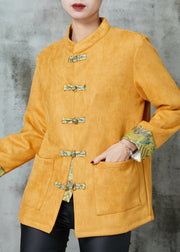 Unique Yellow Pockets Faux Suede Chinese Style Jackets Spring
