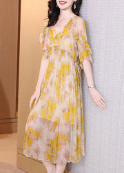 Unique Yellow Ruffled Print Chiffon Beach Dresses Summer