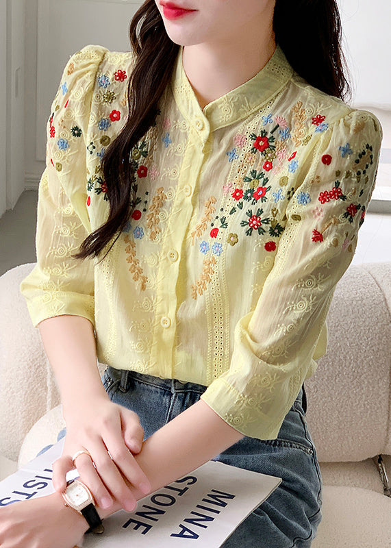 Unique Yellow Stand Collar Embroidered Cotton Blouses Summer