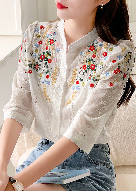 Unique Yellow Stand Collar Embroidered Cotton Blouses Summer