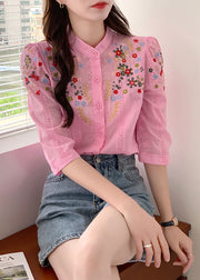 Unique Yellow Stand Collar Embroidered Cotton Blouses Summer