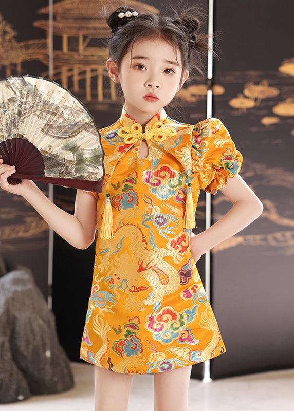 Unique Yellow Stand Collar Print Baby Girls Mid Dresses Summer