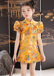 Unique Yellow Stand Collar Print Baby Girls Mid Dresses Summer