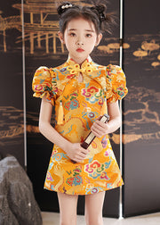 Unique Yellow Stand Collar Print Baby Girls Mid Dresses Summer