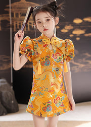 Unique Yellow Stand Collar Print Baby Girls Mid Dresses Summer