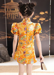 Unique Yellow Stand Collar Print Baby Girls Mid Dresses Summer