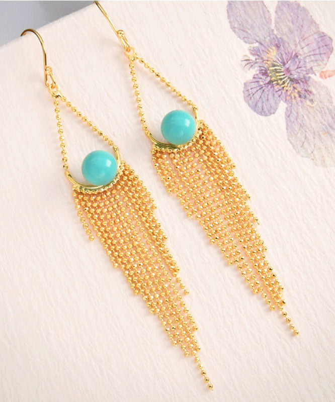 Unique Yellow Sterling Silver Overgild Turquoise Tassel Drop Earrings