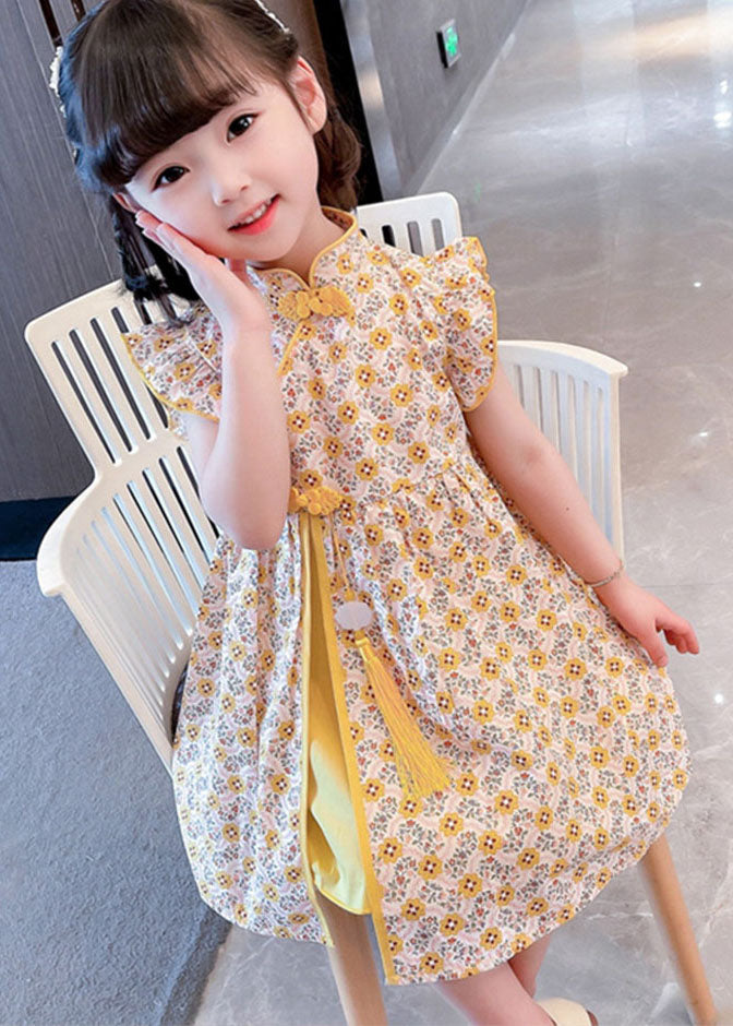 Unique Yellow Tasseled Print Patchwork Cotton Baby Girls Dresses Summer