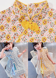 Unique Yellow Tasseled Print Patchwork Cotton Baby Girls Dresses Summer