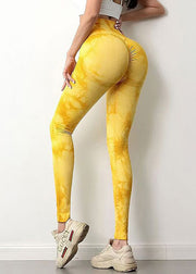 Unique Yellow Tie Dye Butt Scrunch Nylon Capri Gym Shark Leggings