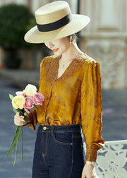 Unique Yellow V Neck Embroideried Jacquard Silk Shirts Long Sleeve