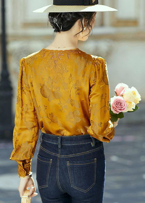 Unique Yellow V Neck Embroideried Jacquard Silk Shirts Long Sleeve