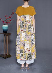 Unique Yellow V Neck Patchwork Print Chiffon A Line Dress Summer