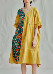 Unique Yellow V Neck Print Patchwork Cotton Mid Dresses Summer