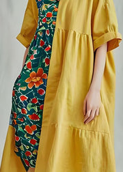 Unique Yellow V Neck Print Patchwork Cotton Mid Dresses Summer