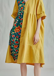 Unique Yellow V Neck Print Patchwork Cotton Mid Dresses Summer