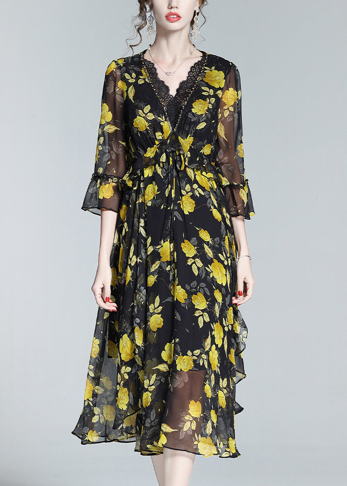 Unique Yellow V Neck Print Slim Silk Maxi Dresses Spring