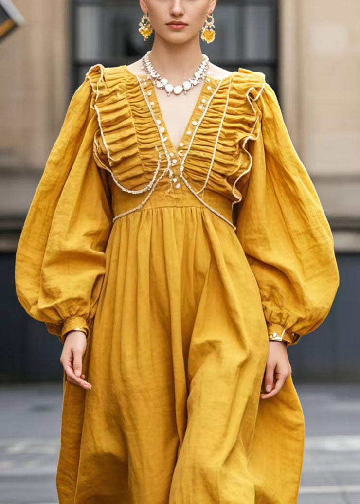 Unique Yellow V Neck Wrinkled Cotton Robe Dresses Spring