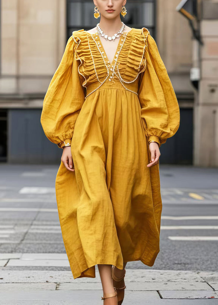 Unique Yellow V Neck Wrinkled Cotton Robe Dresses Spring