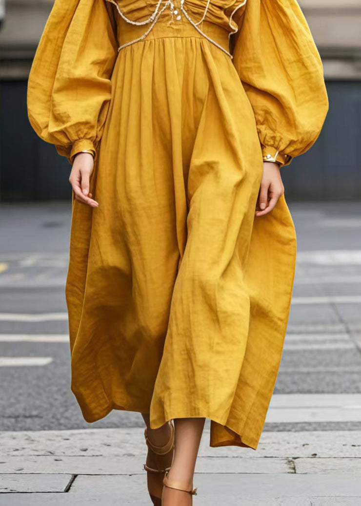 Unique Yellow V Neck Wrinkled Cotton Robe Dresses Spring