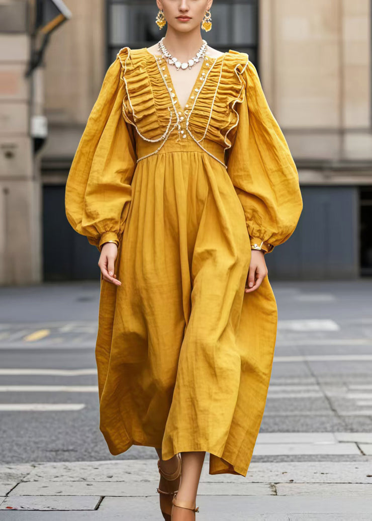 Unique Yellow V Neck Wrinkled Cotton Robe Dresses Spring