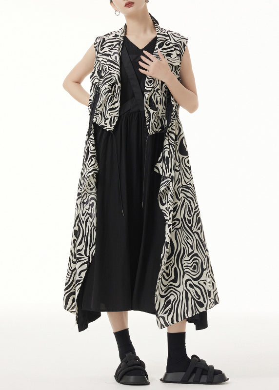 Unique Zebra Pattern Asymmetrical Lace Up Patchwork Silk Long Waistcoat Sleeveless