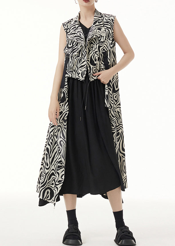 Unique Zebra Pattern Asymmetrical Lace Up Patchwork Silk Long Waistcoat Sleeveless