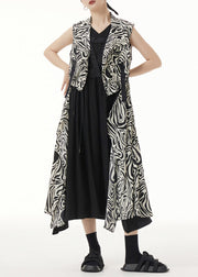 Unique Zebra Pattern Asymmetrical Lace Up Patchwork Silk Long Waistcoat Sleeveless