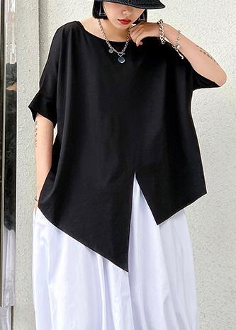 Unique black cotton clothes o neck asymmetric summer shirt - SooLinen