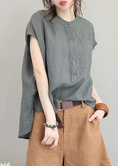 Unique o neck linen tops women blouses low high design Plus Size Clothing gray green shirt - SooLinen