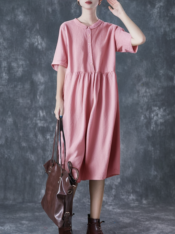 Grace Pink Peter Pan Collar Wrinkled Linen Holiday Dress Short Sleeve