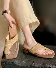 Vacation Style Apricot Woven Chunky Heel Clip Toe Slide Sandals