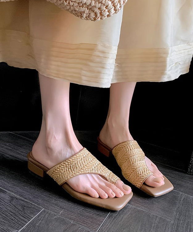 Vacation Style Apricot Woven Chunky Heel Clip Toe Slide Sandals